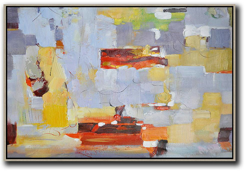Handmade Painting Large Abstract Art,Oversized Horizontal Contemporary Art,Hand Paint Abstract Painting,Grey,Red,Yellow.etc